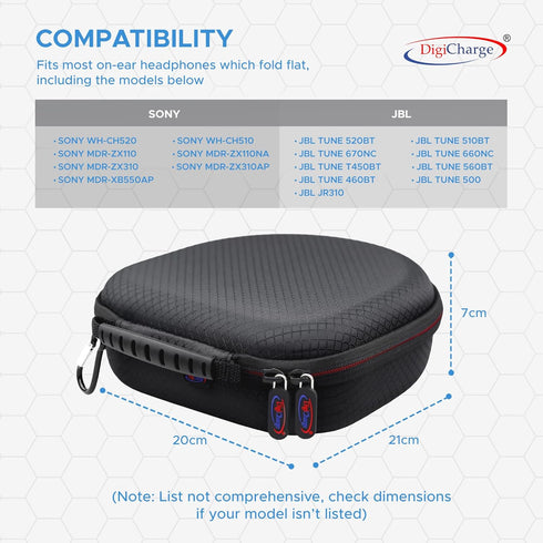 Digicharge Carry Case for Sony WH-CH520 / WH-CH510 / MDR-ZX110, JBL Tune 520BT / 510BT Headphones Wireless Bluetooth Flat Folding On-Ear, Protecti...
