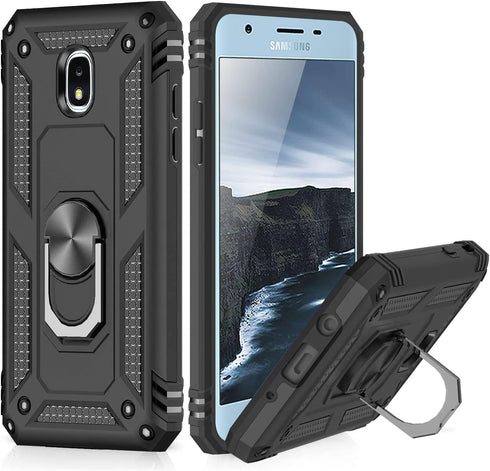 TJS Phone Case Compatible with Samsung Galaxy J7, Metal Ring Magnetic Support Protector Cover (Black)...