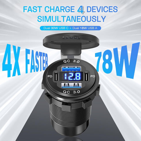 2Pcs 12V/24V Outlet with Voltmeter& ON/Off Switch, Quick Charge 3.0 Dual USB Power Outlet, Waterproof Fast Charge USB Charger Socket DIY Kit for C...