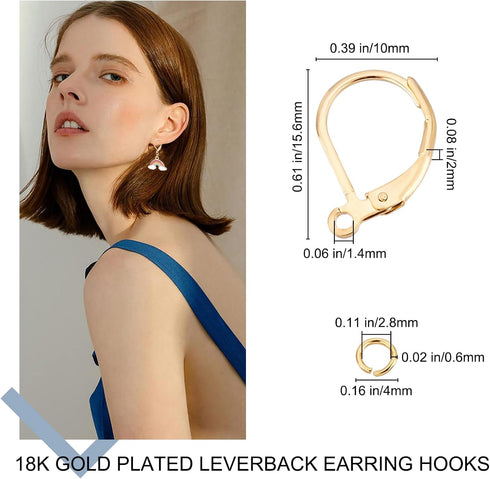 Beebeecraft 1 Box 20Pcs Leverback Earring Findings 18K Gold Plated French Earring Hooks 15.6x10mm Ear Wire Clip Earring Connector with 20Pcs Open ...