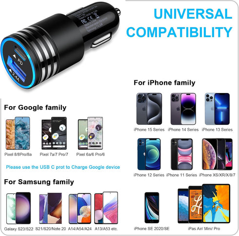 USB C Car Charger, 30W Fast Car Phone Charger Adapter 3FT USB C to USB C Cable for iPhone 15/15 Pro/15 Pro Max/15 Plus, Samsung S24 S23, Google Pi...