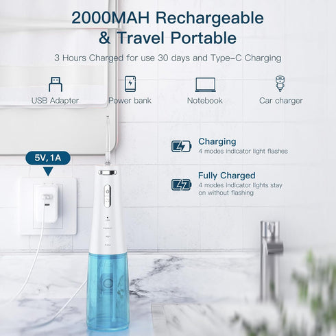 Cordless Water Flossers Picks for Teeth, IPX7 Waterproof Portable Water Flosser with 4 Pressure Modes, 2000mAh Rechargeable Water Dental Flosser f...