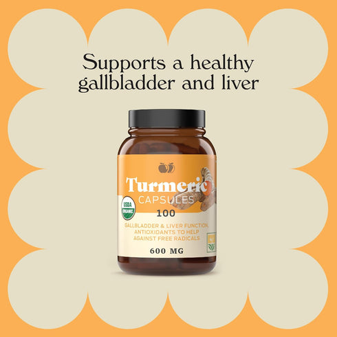 Organic Turmeric Capsules - Raw & Pure Curcumin Root Powder Supplement, 100 Capsules 600mg, Gallbladder, Liver, and Support...