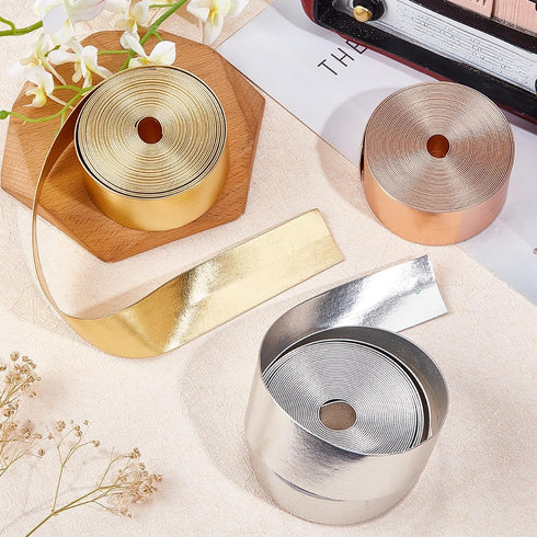 GORGECRAFT 5.5Yds Silver Metallic Leather Strip 1.2" Wide Flat Glossy Pu Leather Straps Shiny Leather Lace Stripper Beading String Ribbon Double S...