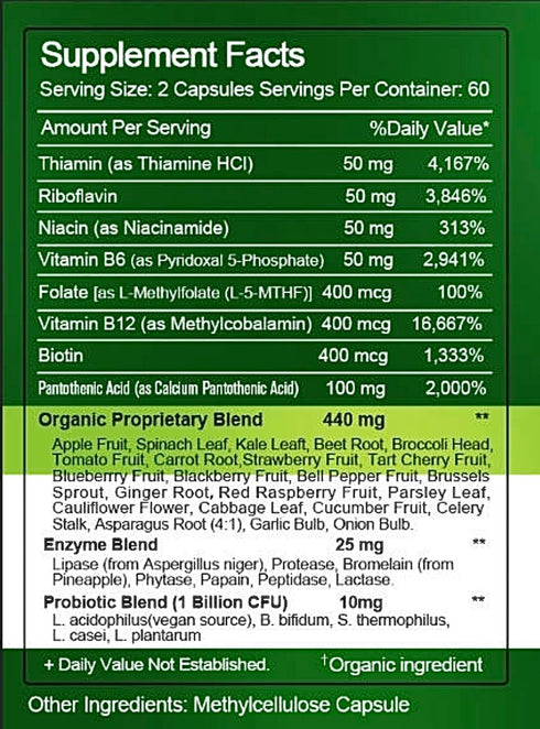 Whole Food B Complex + L-Methylfolate + Probiotics + Digestive Enzymes! High Potency! Vegetarian! for Metabolism, Immune w/Digestive Support! 120 ...