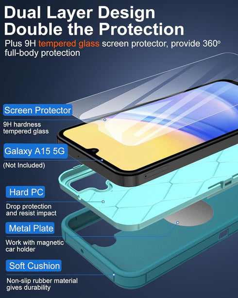 Dahkoiz for Samsung Galaxy A15-5G Phone Case, and Screen Protector, Dust-Proof Port Cover, Full Body Non-Slip Rubber Covered, Wear-Resistant & Dro...