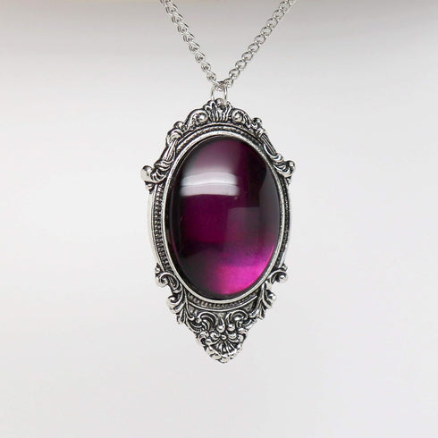 Purple Cabochon in Antiqued Silver Finish Pewter Frame Pendant Necklace...