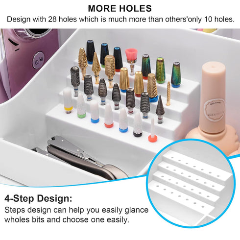 ANRUI Nail Drill Machine & Bits Storage Box, Plastic Nail desk organizer of 28 Holes Nail Drill Holder, Professional Nail Drill Grinding Bit Holde...