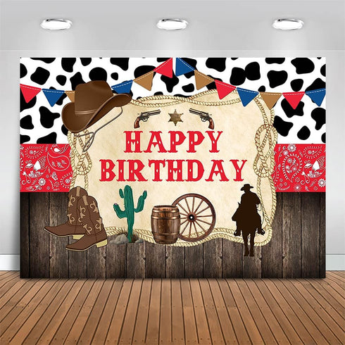 Mocsicka Western Cowboy Happy Birthday Backdrop Rustic Old West Rodeo Cowboy Background Red Bandana and Rustic Wood Kids Birthday Party Decoration...