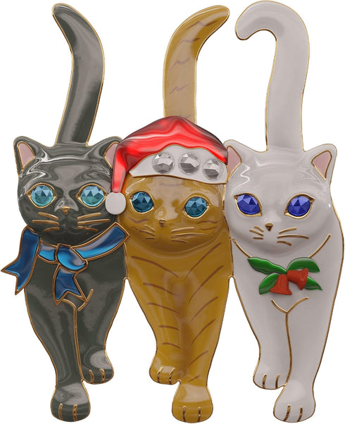 Christmas Holiday Triple Cat Charm Brooch Pin Cute Animal Enamel Pin...