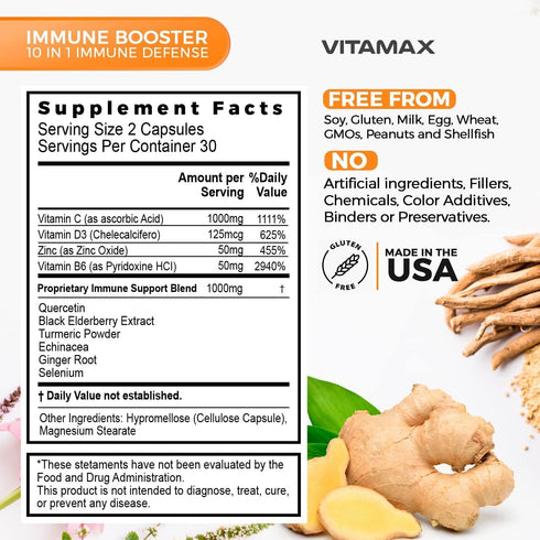 10-in-1 Immune System Support Booster with Elderberry, D3, Selenium, Quercetin, Zinc, Vitamin C, Ginger, Turmeric Curcumin, B6, Echinacea – Natura...