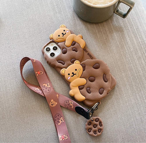 Yatchen iPhone 12 Pro Max Case, Bear Cookie Silicone Protective Case with Strap Lanyard, Cartoon Kawaii 3D Phone Cover for Women Girls...