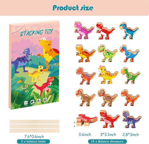 14-Piece 3-Inch Wooden Dinosaur Stacking Toys for Kids 3-7, STEM Educational Party Favors...