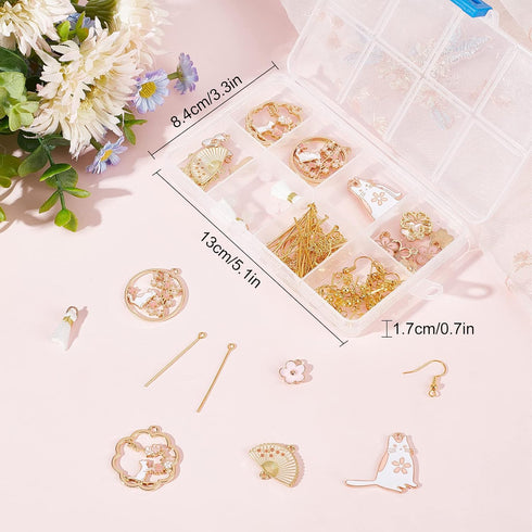 SUNNYCLUE 1 Box DIY 10 Pairs Cat Charms Sakura Flower Charm Japanese Style Earrings Making Starter Kit Flat Round Hollow Charm Fan Charms Tassels ...