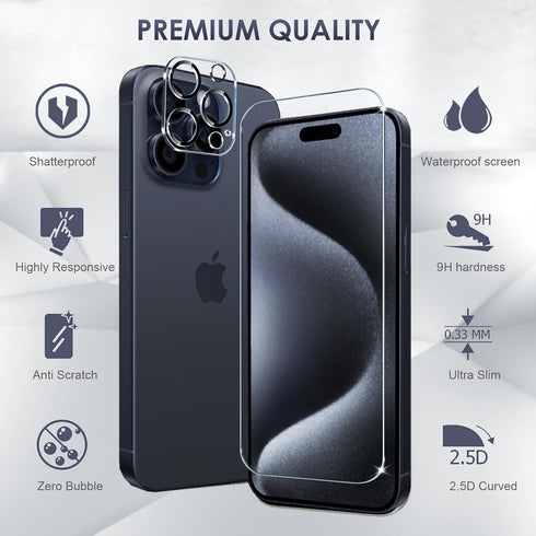 Tempered Glass Compatible with iPhone 15 Pro Screen Protector 6.1'', 3 Pcs Screen Protector + 2 Pcs Camera Lens Protector, [Not for iPhone 15 Pro ...