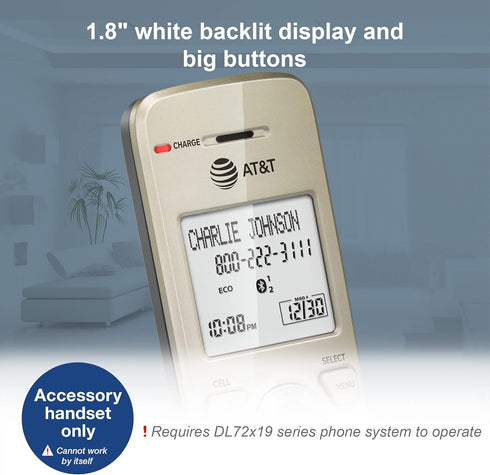 AT&T DL70019 Accessory Handset for DL72x19 Phone with Bluetooth Connect to Cell, Call Blocking, 1.8" Backlit Screen, Big Buttons, intercom, and Un...