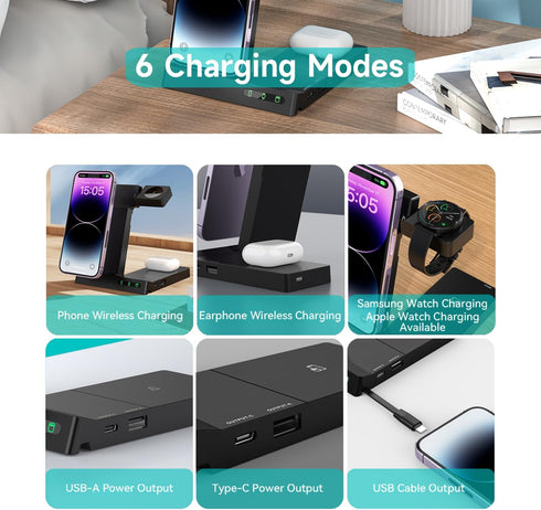 New 6-in-1 Wireless Charger Charging Station, Foldable Stand Dock,Compatible with Samsung,iPhone 15 14 13 12 11 X XR XS Pro Max 8 Plus SE, for App...