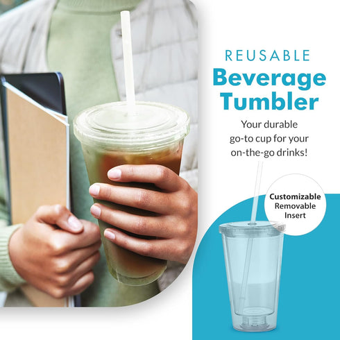 Simple Green Solutions - Customizable Paper Insert Acrylic Double Wall Cup for Cold Drinks, Clear Reusable Cups with Lids & Straws, Insulated Plas...