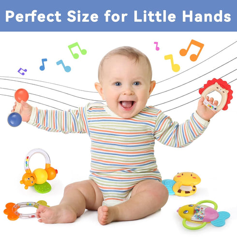 MOONTOY Baby Rattles Teether Set Toys for 0 1 2 3 4 5 6 7 8 9 10 11 12 Month Old Baby Boy Girl, 9PCS Baby Toys Sensory Toys Early Development Newb...