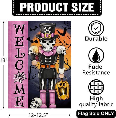 Welcome Pink Halloween Nutcracker Decorative Garden Flag, Spooky Skeleton Skull Jack O Lantern Pumpkin Yard Outside Home Decorations, Gothic Holid...
