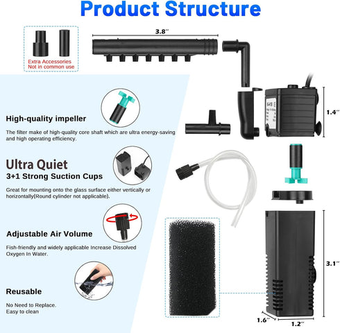Aquarium Filter Small Betta Fish Tank Water Filter for 5-15 Gallon Fish Turtle Shrimp Tank Submersible Aquarium Internal Filter 4-in-1 Adjustable ...