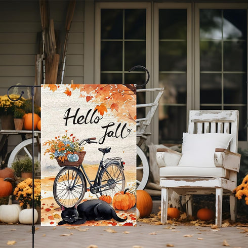 Hello Fall Garden Flag 12x18 Double Sided, Small Burlap Autumn Black Cat Bicycle Garden Flag Fall Thanksgiving pumpkin Outside Outdoor House Yard ...