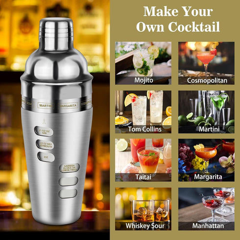 Cocktail Shaker Martini Shaker Set with Recipe, 24 oz Martini Shaker Drink Shaker Drink Mixer Stainless Steel Cocktail Shaker Set Bartender Kit...