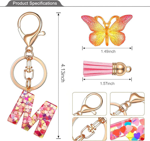 Initial letter Keychains for Women Tassel Butterfly Pink Purple Cute Car Keychain for Wallet Backpack bag charm...