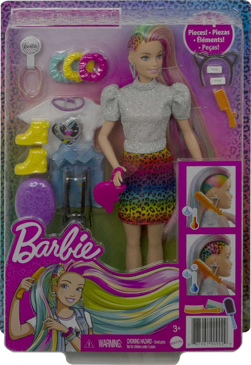 Barbie Doll Leopard Rainbow Hair with Color-Change Highlights & 16 Styling Accessories Including Clothes, Scrunchies, Brush & More...