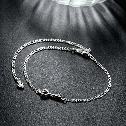 925 Sterling Silver Adjustable Anklet Barefoot Sandal Beach Foot Chain Cute Love Key Zircon Pendant Adjustable Chain Anklet Bracelet...
