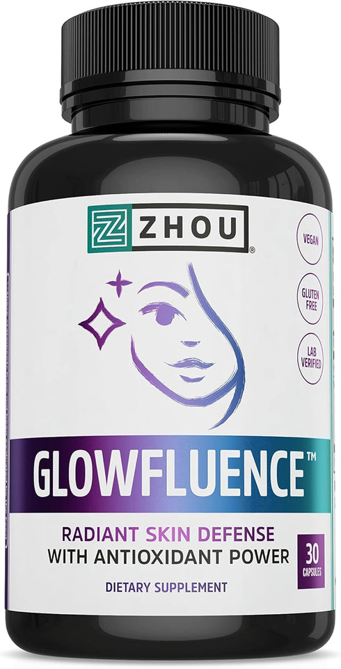 Zhou Glowfluence Hyaluronic Acid Supplement with Vitamin C and Antioxidants, Skin Elasticity and Firmness Support for Youthful Radiant Skin, Blend...