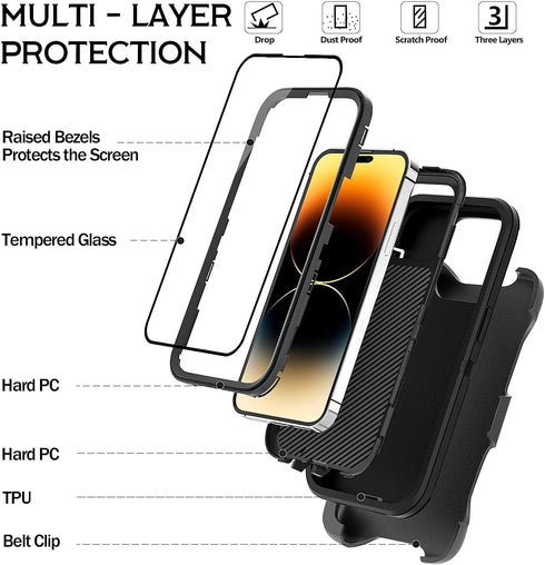 for iPhone 14 Pro Max Case 6.7" with Belt Clip Holster Kickstand, 2 Screen Protector & 2 Camera Lens Protector, Heavy Duty Full Body Protection Ph...