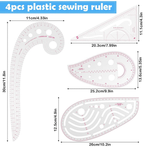 Sew French Curve Metric Ruler, 4 Style Plastic Sewing Tools Measure Ruler French Curve Pattern Ruler Kit for Sewing Pattern Making Design DIY Dres...