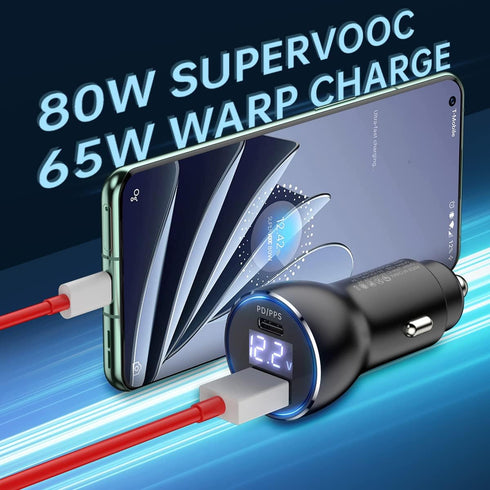for Oneplus Car Charger 80W SuperVooc Warp Charge 65W Car Charger for Oneplus 12 12R 11 10 Pro 9 10T 10R 8T 8 7T 7 6T 9R Open Nord 2T CE 2 Lite N2...