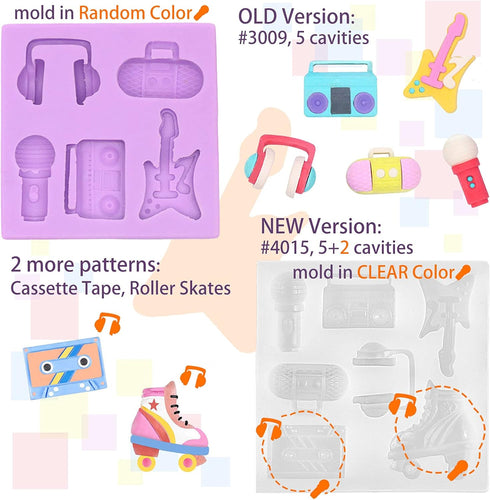 80s Disco Fever Fondant Silicone Tray Boombox Microphone Radio Bass for Sugarcraft Cake Decorating, Cupcake Topper, Chocolate, Polymer Clay...