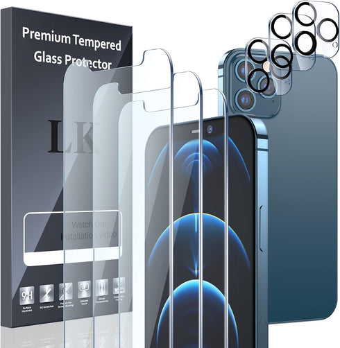 LK [3+3 Pack 3pack Screen Protector Compatible for iPhone 12 Pro Max 6.7-inch + 3pack Camera Lens Protector, Tempered Glass, Easy Frame Installati...