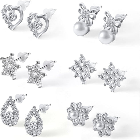 6 Pairs Earrings Set, Hypoallergenic Cubic Zirconia Stud, 925 Sterling Silver Simulated, 9-12 mm, Diamond Pearl Earrings, Jewelry Gif...
