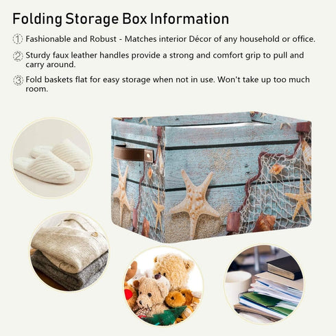AUUXVA Summer Beach Sand Storage Basket Bin Rustic Wooden Starfish Large Fabric Toys Storage Cube Box with Handles Collapsible Closet Shelf Cloth ...