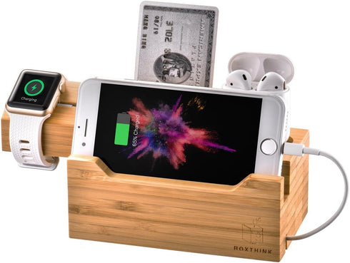 Charging Station for Apple Watches, iPhones, Air Pod Apple Watch Charger Stand Air Pods Charging Dock Bamboo Wood Charging Station with 3 USB Powe...