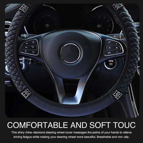1 PC Bling Automotive Steering Wheel Cover, Rhinestone-Encrusted Leather Elastic Anti-Slip Protective Cover Without Inner Ring, Decorative Accesso...