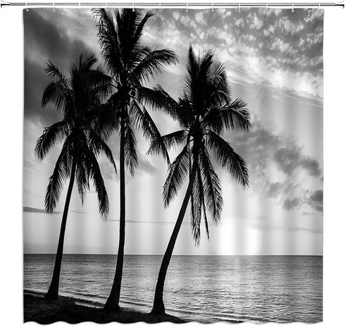 Ocean Beach Shower Curtain Tropical Palm Tree Landscape Black and White Sea Summer Seaside Scene Coastal Island Hawaii Nature Fabric Bath Curtain ...