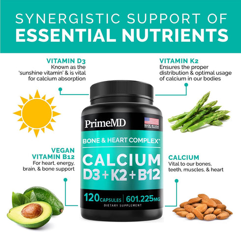 PrimeMD 4-in-1 Calcium Supplements for Women & Men - Calcium 600mg with Vitamin D3 K2 B12 5000 IU Supplement for Heart, Bone & Body Defenses - Glu...