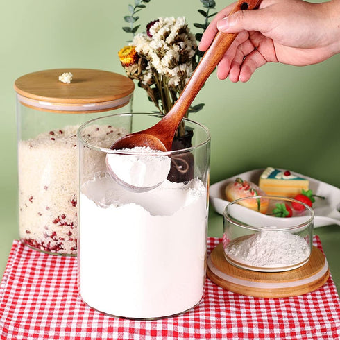 Glass Flour Container with Airtight Bamboo Lid, Large Glass Food Jar with Wooden Lid for Storage Flour, Sugar, Cookies, Rice, Coffee Beans and etc...