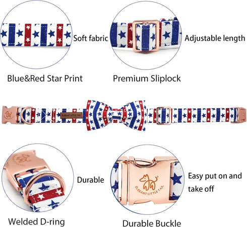 Elegant little tail Independence Day Dog Collar, American Flag Bowtie Dog Collars 4th of July American Pet Gift Adjustable Soft Puppy Collar for L...