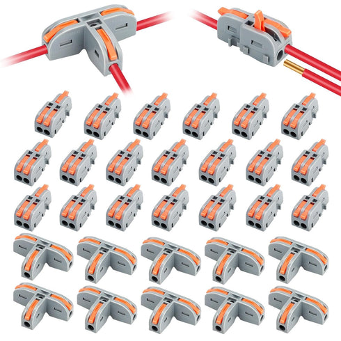 SUNJOYCO 30PCS Compact Wire Conductor Connector, T-Shape Lever Nut Wire Connector & 1 in 2 Out Splicing Connector Splitter, AWG 28-12...