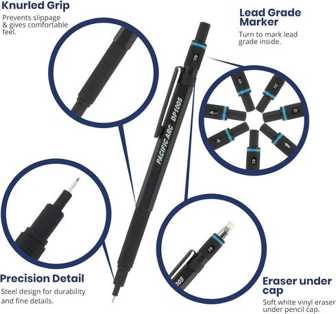 Pacific Arc Chromagraph Metal Mechanical Pencil .5 mm Black Barrel Mechanical Pencil with Built In Adjustable Pencil Grade, Lead Pencil Holder for...