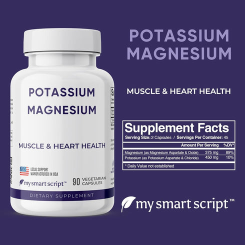 Potassium Magnesium Supplement - 450mg Potassium, 375mg Magnesium - Natural Ingredients, Fast Absorption, Easy to Take - Vegan, Non-GMO, Zero Glut...