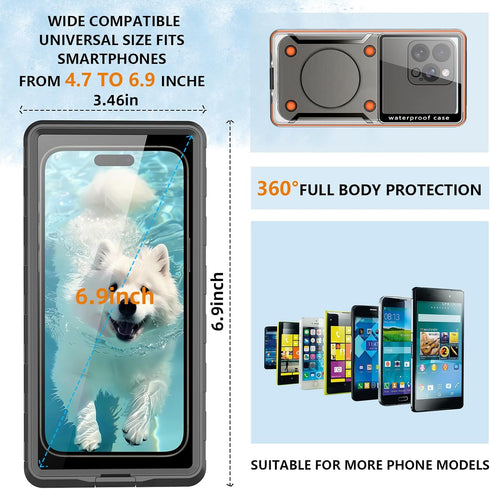 Waterproof Phone Case, IP68 Full-Body Rugged Dropproof Shockproof, 6.9'' Universal Outdoor Swimming Snorkeling Surfing Underwater Photo Video Prot...