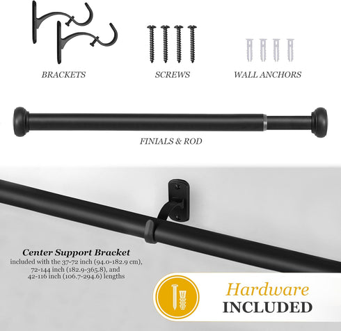Kenney Weaver Cap End Indoor/Outdoor Black Curtain Rod, Adjustable 37-72 Inch Rod for Windows & Patio...