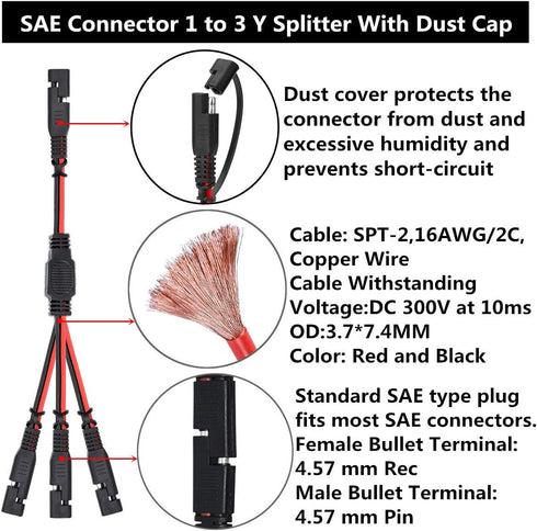 SAE Power Extension Cable Y Splitter 1 to 3 Connector With Dust Cap And 4 Pcs 2 Pin Quick Disconnect Wire Harness(4 Pcs 1.2 FT+1 Pcs 1 to 3)...